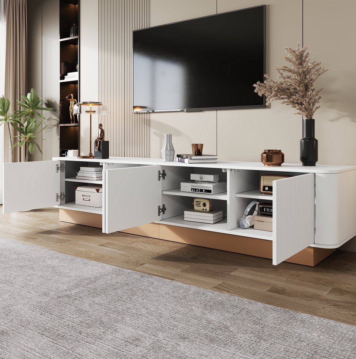 FloraGrace Dressoir - Geribbeld TV-Meubel Met 4 Deuren En Verstelbare Planken - Voor Woonkamer - MDF - 200x40x47,5 Cm - Wit