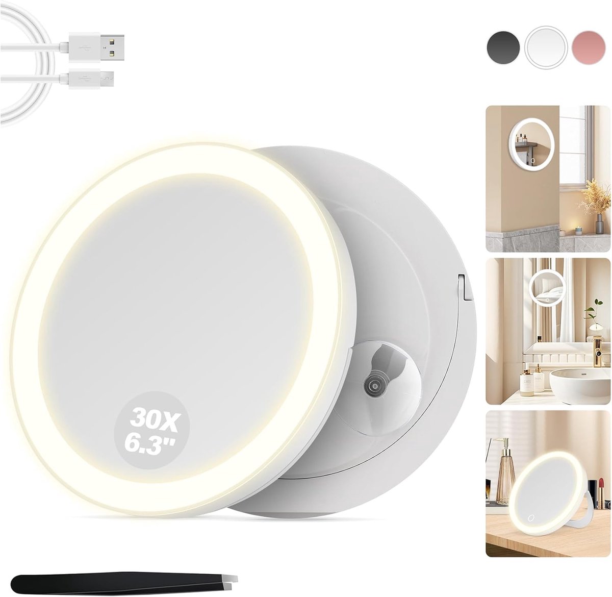 SnelShoppen - Cosmeticaspiegel met Verlichting - 30-voudige Vergroting - Dimbare Wand- of Tafelspiegel met Zuignap - 3 Kleuren Verlichting - Ideaal vo