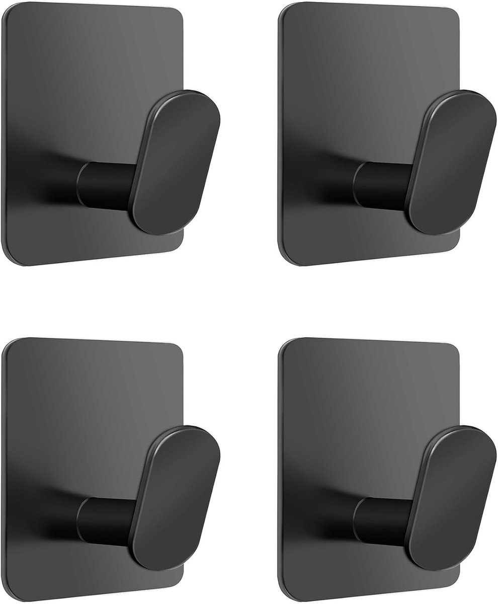 Thijox - Handdoekhaken 4 Stuks - Zelfklevend Roestvrij Staal Wandhaken - Haken Zonder Boren - Zwart - Ideaal voor Keuken en Badkamer