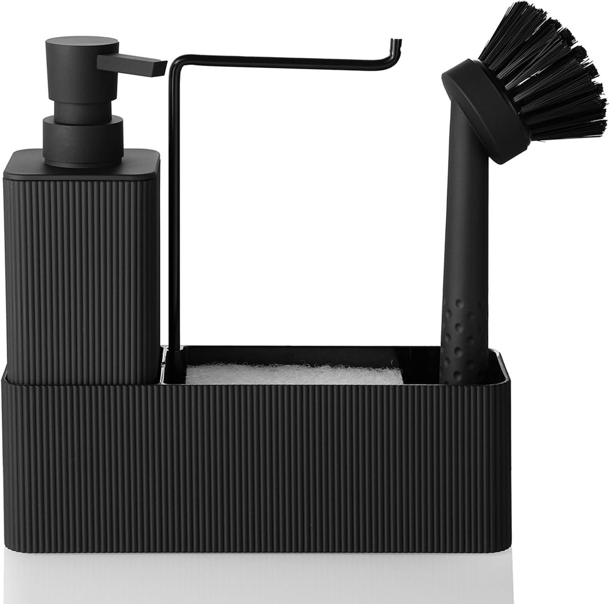 Thijox - Zwart Afwasmiddeldispenser Keuken Set met Zeepdispenser, Afwasborstel, Spons en Spoeldoekhouder, 5-delige Organizer voor Keuken en Badkamer