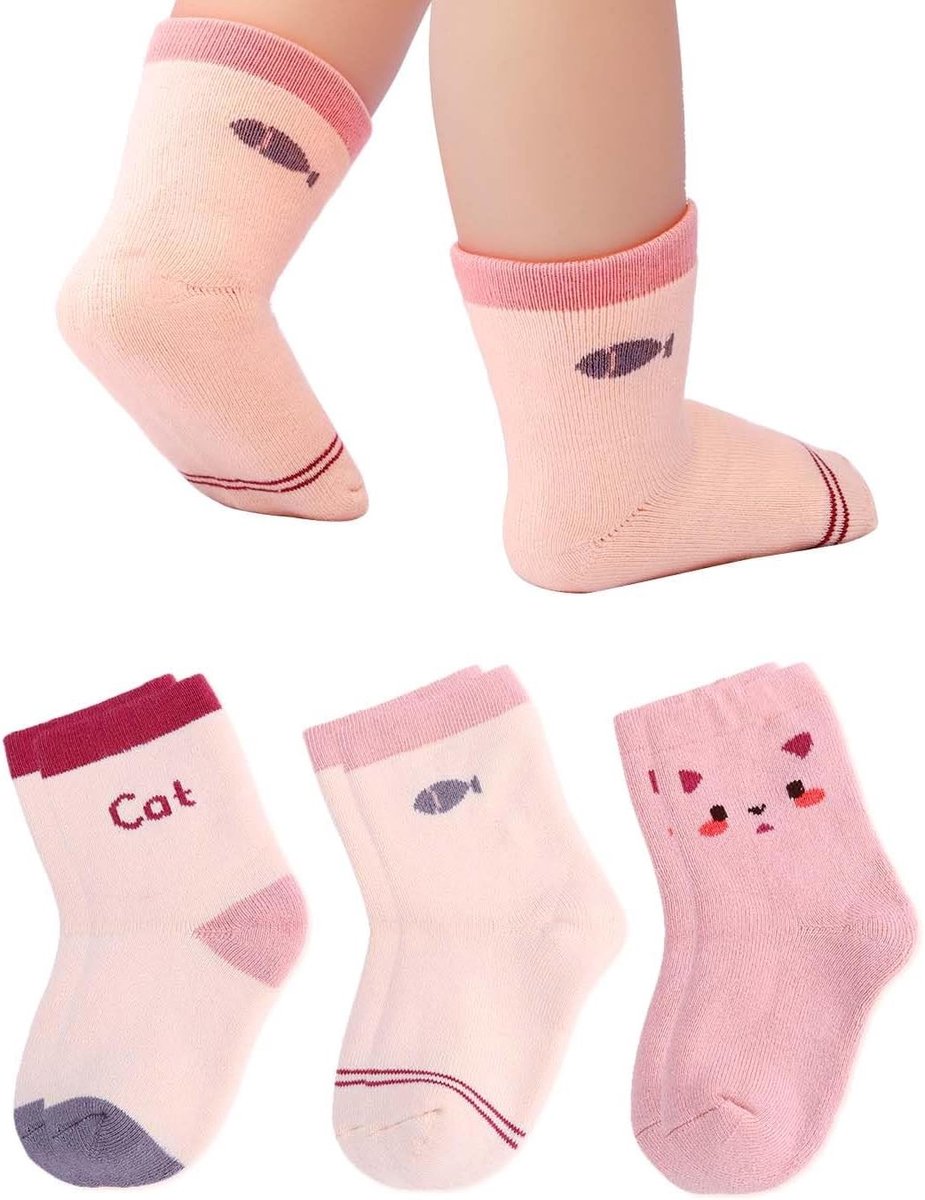 3-Pack Baby Meisjes Sokken met Cartoon Motief - Warme Katoenen Kousen voor Peuters 6-12 Maanden, Roze, Comfortabele en Ademend