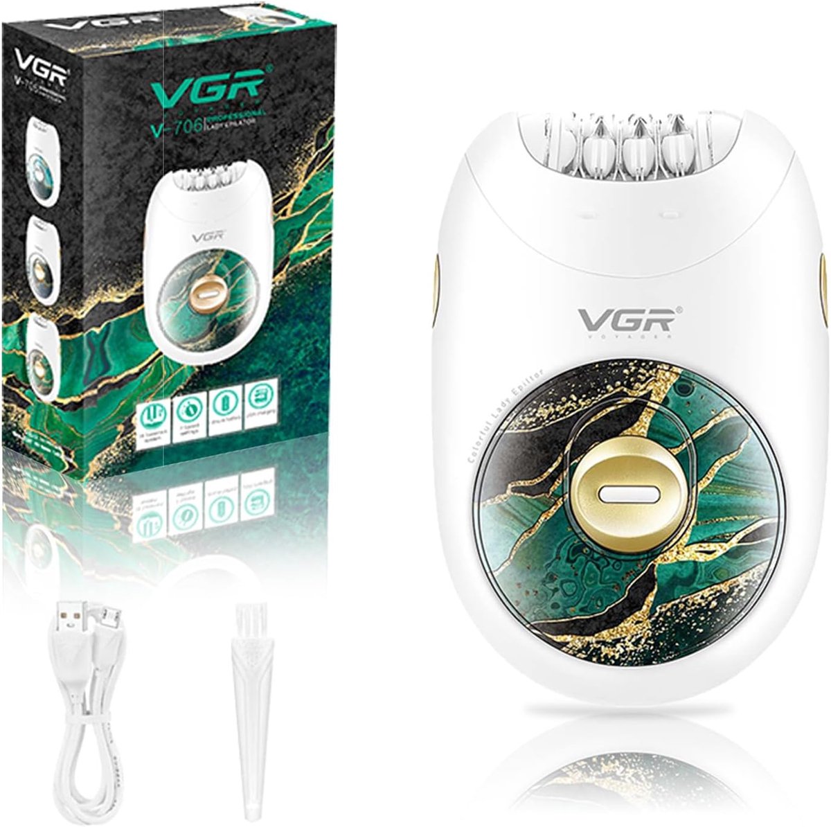 Thijox - Draadloze VGR 706 Epilator voor Dames met 18 Pincetten, Intiem Scheerapparaat voor Vrouwen in Groen, 2 Snelheden, Stille Werking voor Benen e