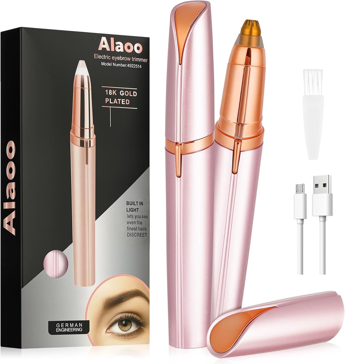 Thijox - Elektrische Wenkbrauwverwijderaar en Wenkbrauwepilator voor Dames met Geïntegreerde LED, Roségoud, Voor Gezichtshaar, Lippenharen en Armen