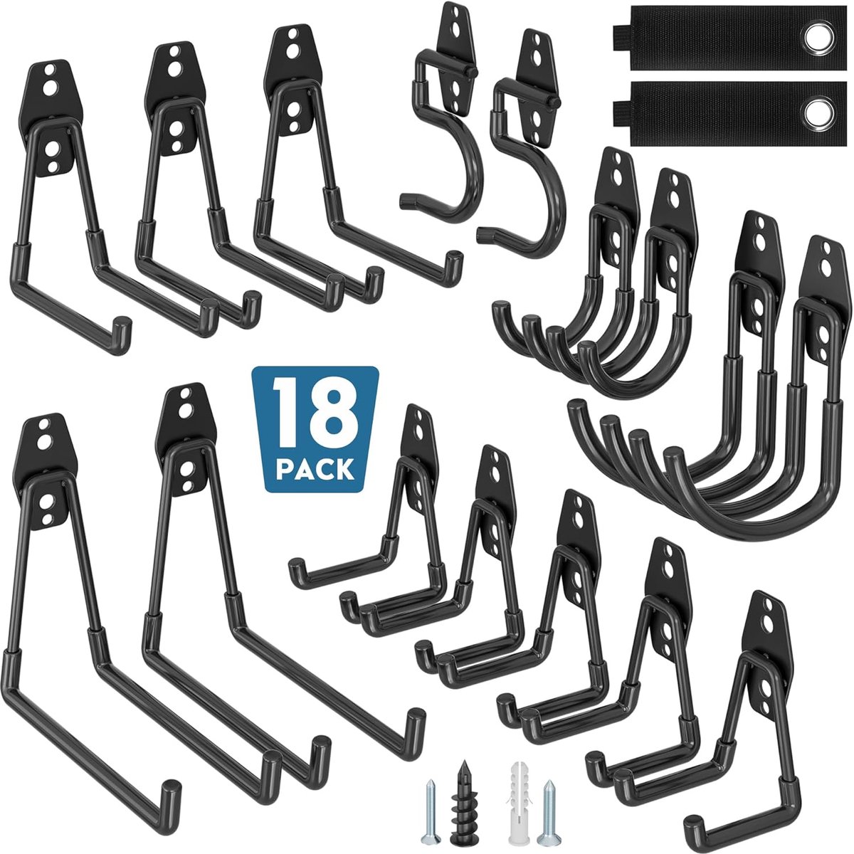 Thijox - Set van 18 Wandhaken - Stalen Haken voor Garage, Werkplaats, Fietshouder, Tuingereedschap - U/J/S-haken, Zwart met Antislip Coating, Geschikt