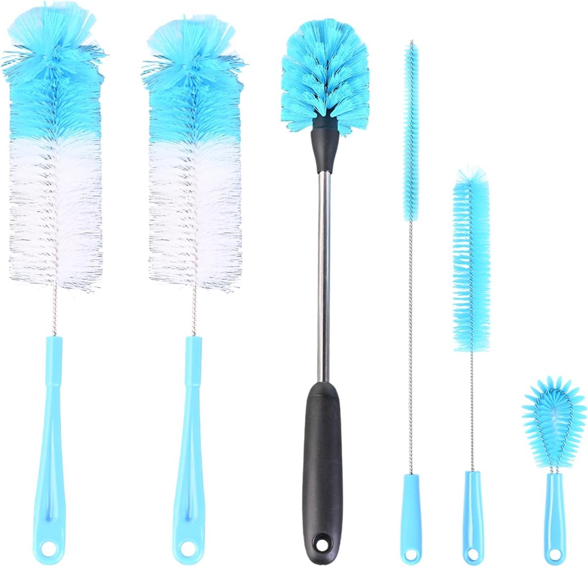 Thijox - Set van 6 Nylon Flessenborstels 42 cm - Dieptereinigingsborstels voor Smalle Potten, Waterglazen en Babyflessen - Blauw - Hygiënisch en Veili