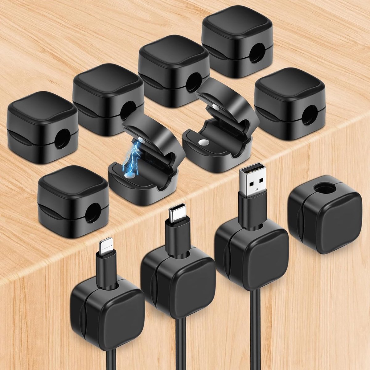 Thijox - Magnetische Kabelclips voor Bureau, 12 Stuks Zwart, Sterk Zelfklevend, Ideaal voor Thuis en Kantoor, Kabelbeheer, Telefoon Oplaadkabelhouders