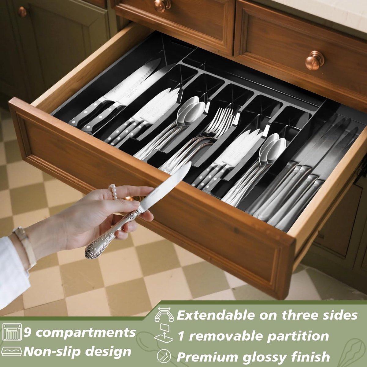 SnelShoppen - Bestekbak voor laden, verstelbare bestekorganizer, keukenorganizer voor lepels en vorken, breedte 30-53 cm, duurzaam PP-materiaal, multi