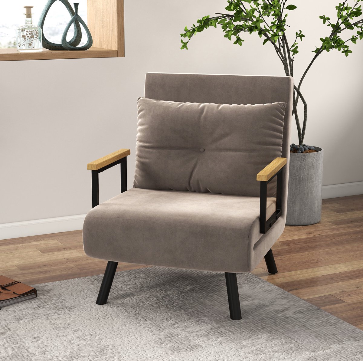 MEUNIQ slaapfauteuil met bedfunctie 63 x 73 x 81 cm, 5-voudig verstelbare rugleuning, uitklapbaar eenpersoonsbed, staalframe, armleuningen van rubberhout, lichtgrijs