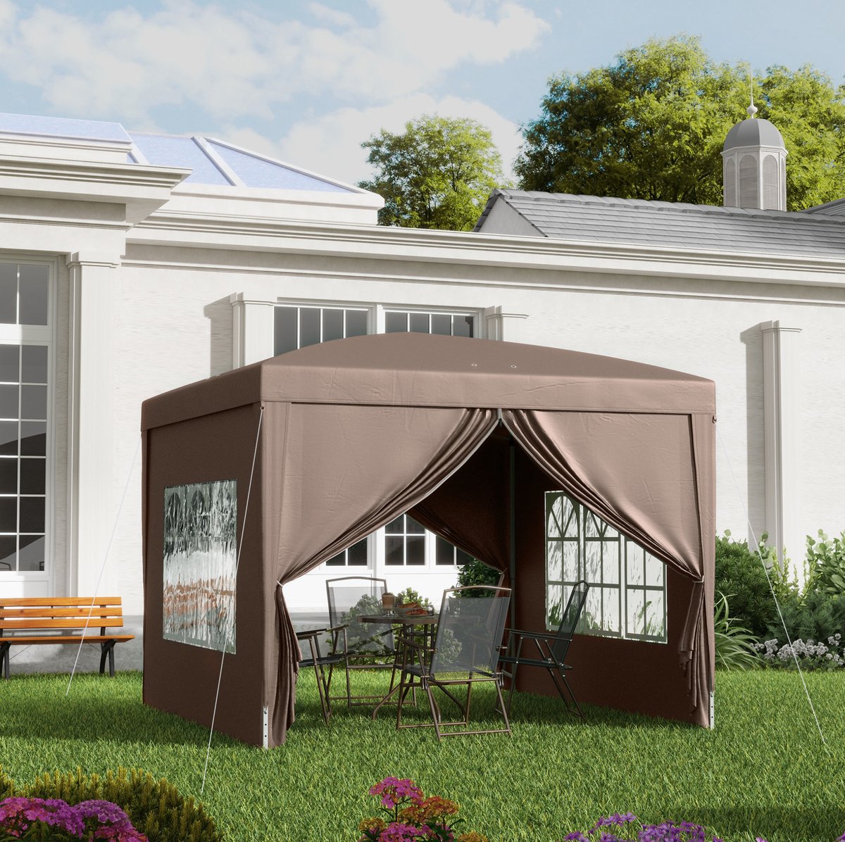 MEUNIQ easy-up partytent 2,95 x 2,95 m met 4 afneembare zijwanden, ramen, ritssluitingsdeuren, draagtas, UV 50+ en waterbestendige polyester kap in bruin