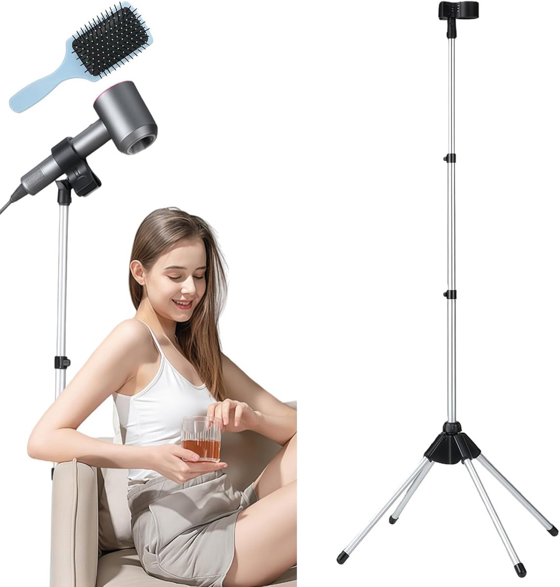 SnelShoppen - Floor Standing Hair Dryer Holder 75-150 cm - Hoogte Verstelbaar - 180 Graden Draaibaar - Handen Vrij Föhnstandaard voor Badkamer, Slaapk