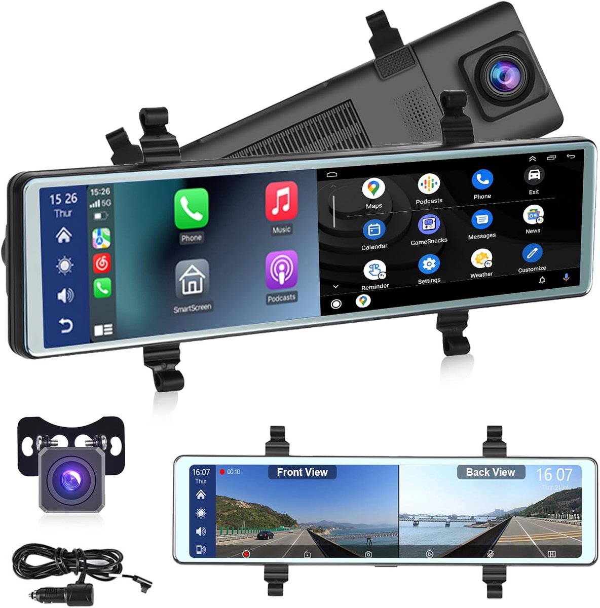 SnelShoppen - Dash Cam Achteruitkijkspiegel 11,26 inch Touchscreen IPS Scherm, Carplay, Wireless Android Auto, Bluetooth, Nachtzicht, WDR, Video-opnam