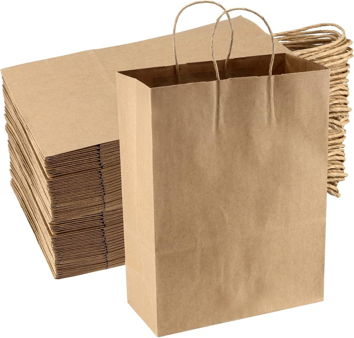 50 Stuks Grote Bruine Papieren Tassen 26 x 12 x 33 cm, 120gsm Kraftpapier met Handvatten, Herbruikbare Cadeautassen voor Feestjes en Winkelen