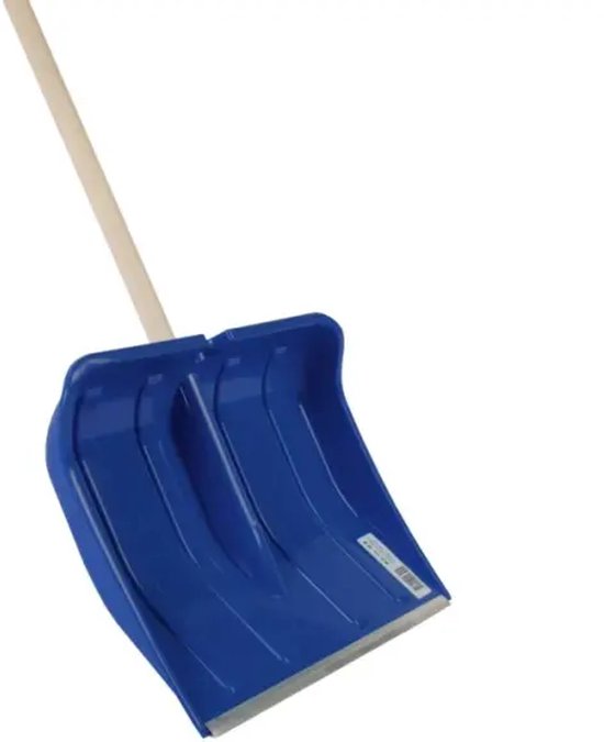 Blauwe sneeuwschep met metalen rand.