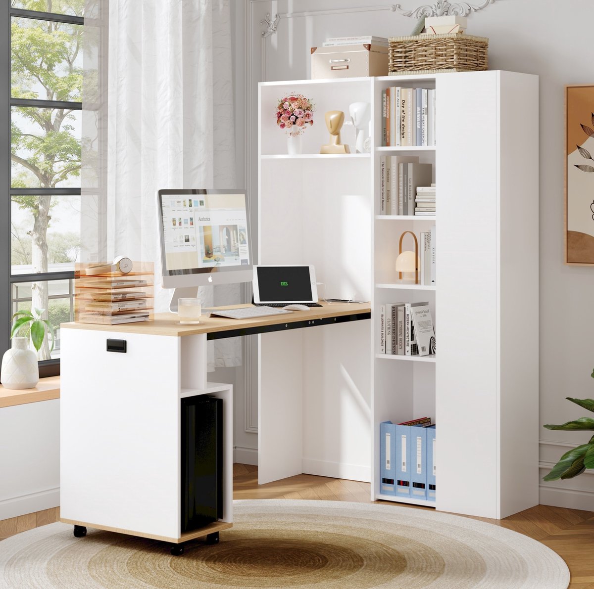 MIVRAY Bureau - Inklapbaar 2 In 1 Ontwerp Met Boekenkast En Stopcontact - Voor Homeoffice En Kleine Ruimtes - MDF - 104,5x160 Cm - Wit