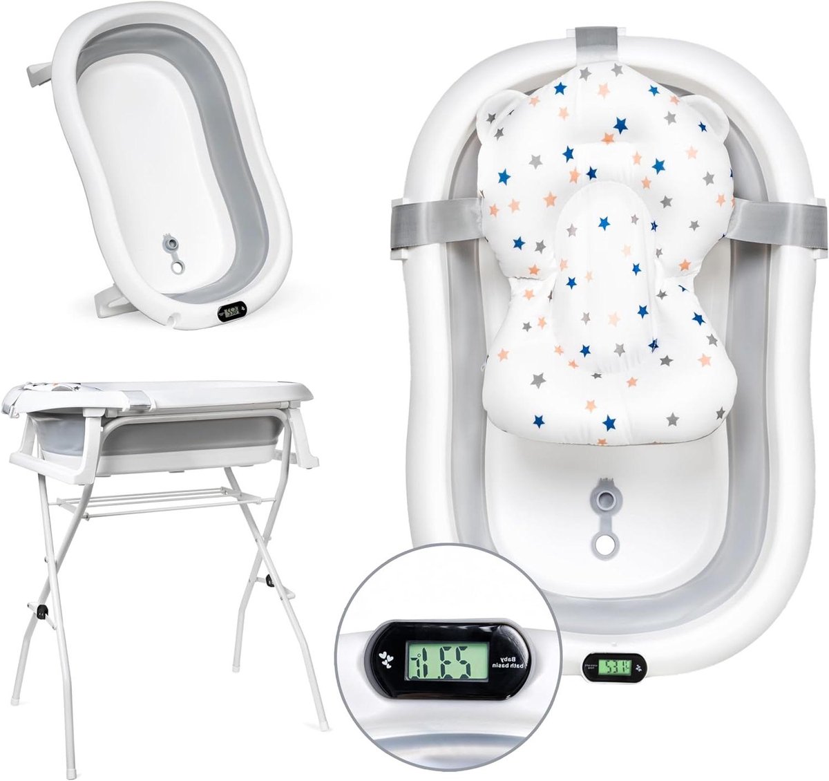 Babybadje met standaard - Opvouwbaar badje - Baby verzorgen - Inclusief thermometer - 80 cm - Grijs