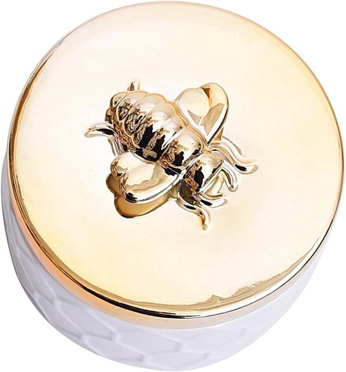 Keramische Sieradendoos - Opberger Tank - Sieraden Organiseren - Gouden Bij Lid - 10.5 cm Diameter - Wit