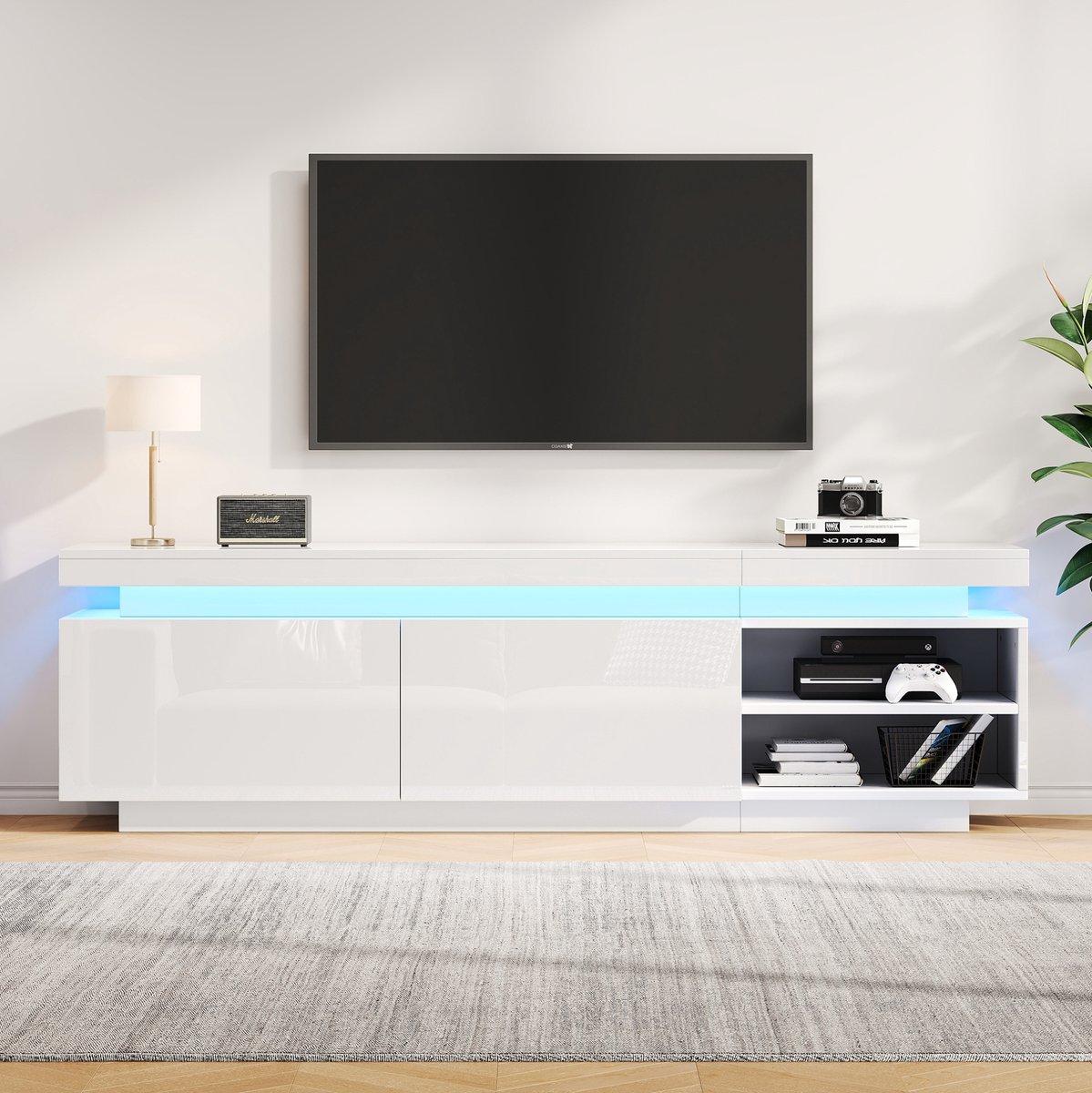 HAUSS SPOLE Tv Meubel - Hoogglans Met Ledverlichting En 2 Deuren - Voor Woonkamer En Televisies Tot 70 Inch - Spaanplaat - 170x35x50 Cm - Wit