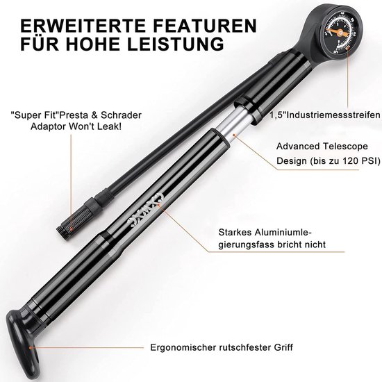 Fietspomp 120 psi hogedruk luchtpomp met manometer voor Presta- en Schrader-ventielen - Beste CXWXC optie Fietspomp — afbeelding 3