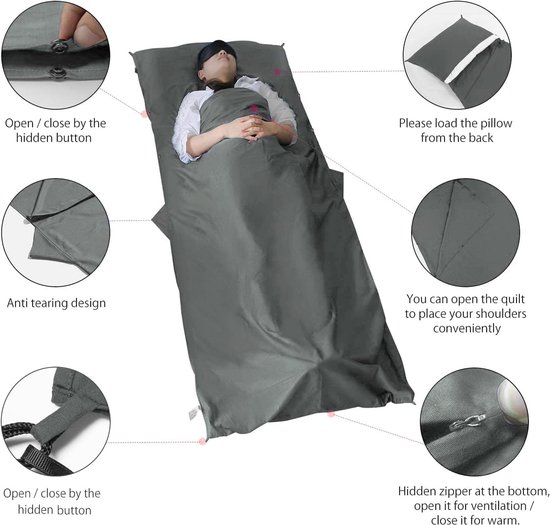SnelShoppen - Ultralicht Slaapzaklaken 90 x 220 cm van 100% Katoen, Draagbaar Reislaken met Kussenvak, Zacht en Comfortabel voor Camping, Wandelen, Ho van Snelshoppen — afbeelding 2