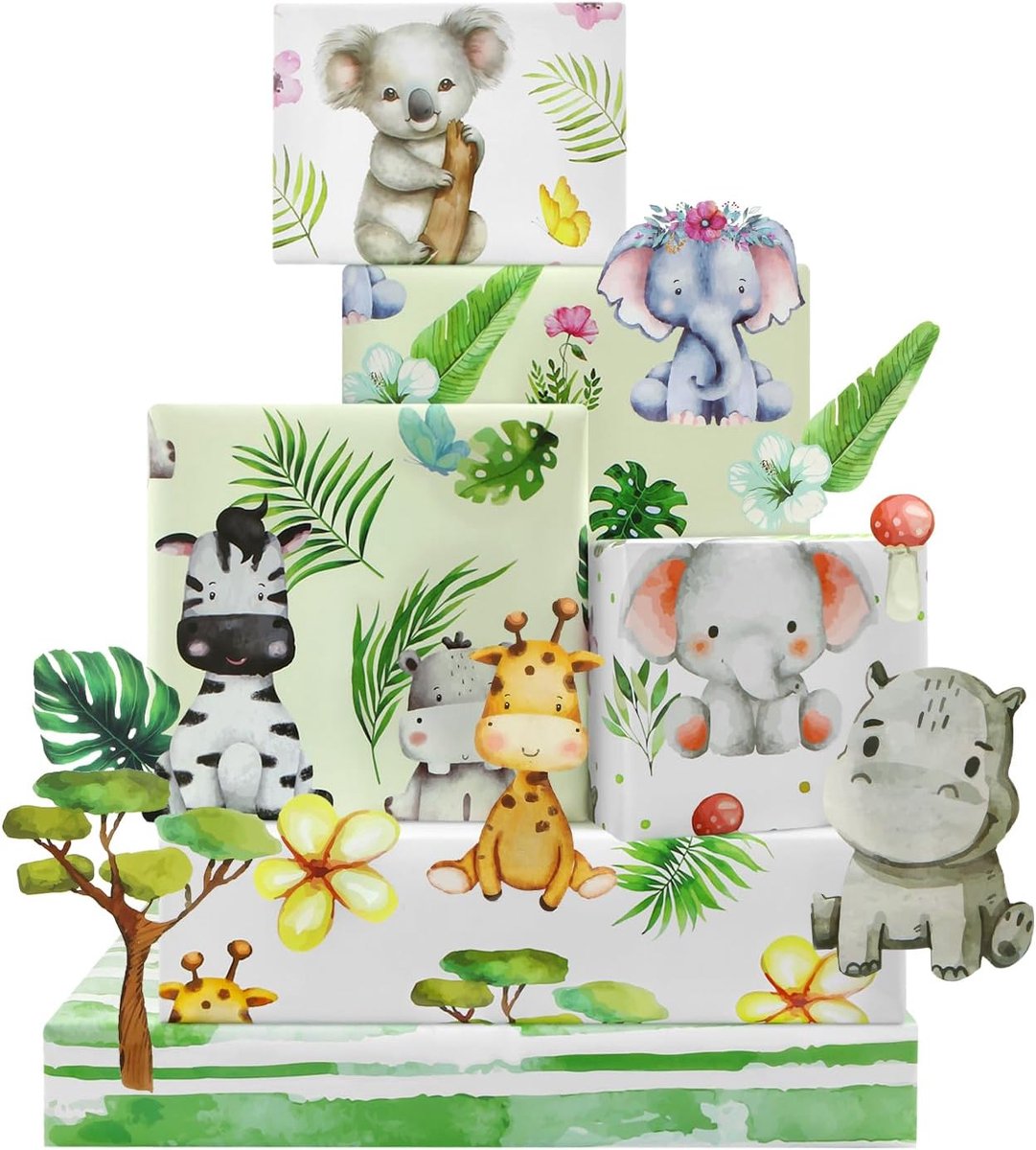 Inovra- Inpakpapier 6 Vellen - Tropische Jungle Dieren - Aquarel Ontwerpen - Geschenkpapier Verjaardag - Babyshower - 50x70cm