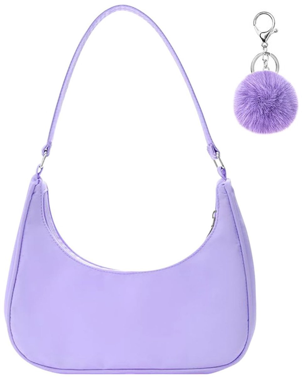 Inovra - Aucuu Schoudertas voor dames, nylon Y2K-schoudertas, minihandtas met pomponsleutelhanger en ritssluiting, cadeau voor Kerstmis, verjaardag en jubileum, Paars, 27*23*7 cm