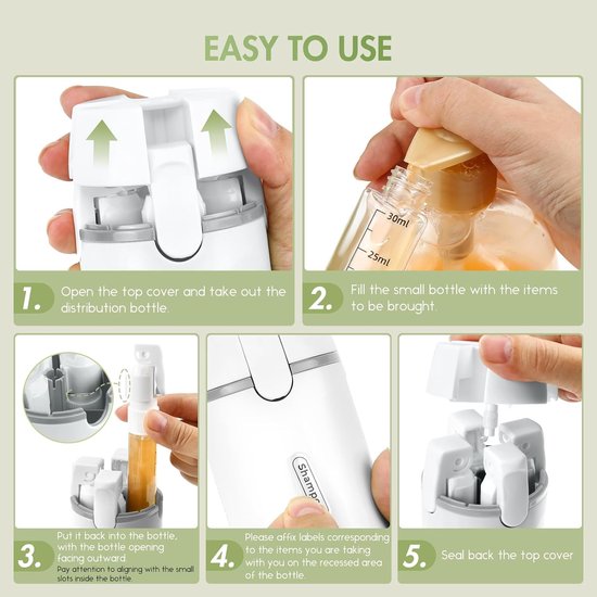 Thijox - 4-in-1 Reisdispenser, 4 Stuks 30 ml Navulbare Reisflessen, Lekvrije Draagbare Containers voor Shampoo, Conditioner, Lotion, Perfect voor Zake van Thijox — afbeelding 3