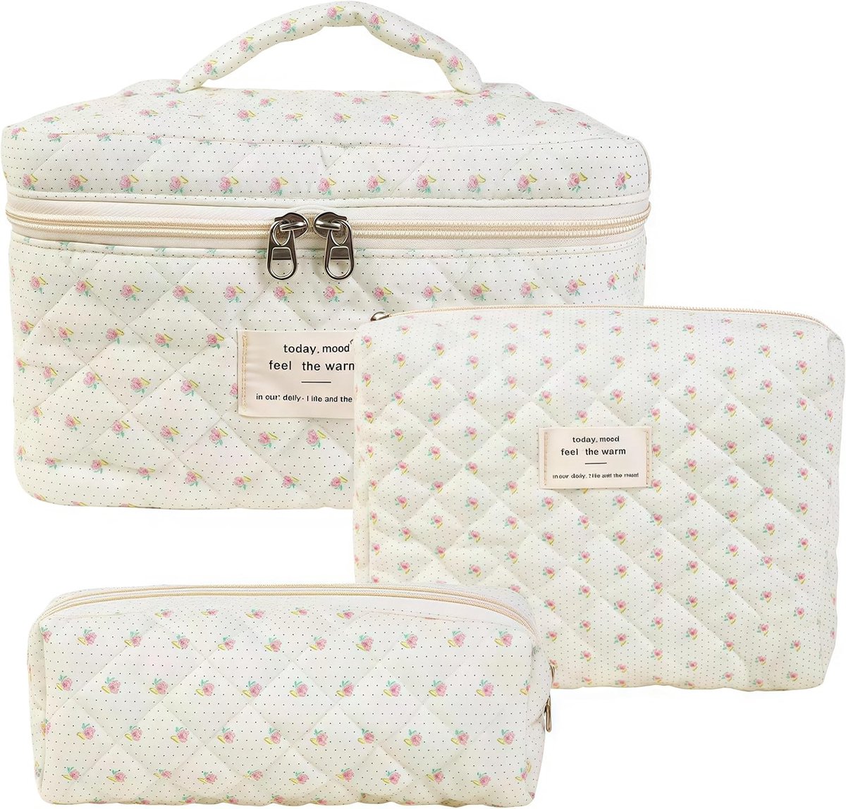 Thijox - Aucuu Beauty Case 3 Stuks, Gewatteerde Toilettas voor Reizen, Grote Capaciteit, Zacht Katoen, Bloemenpatroon, #6 Bijenbloem, Cosmetica Organi