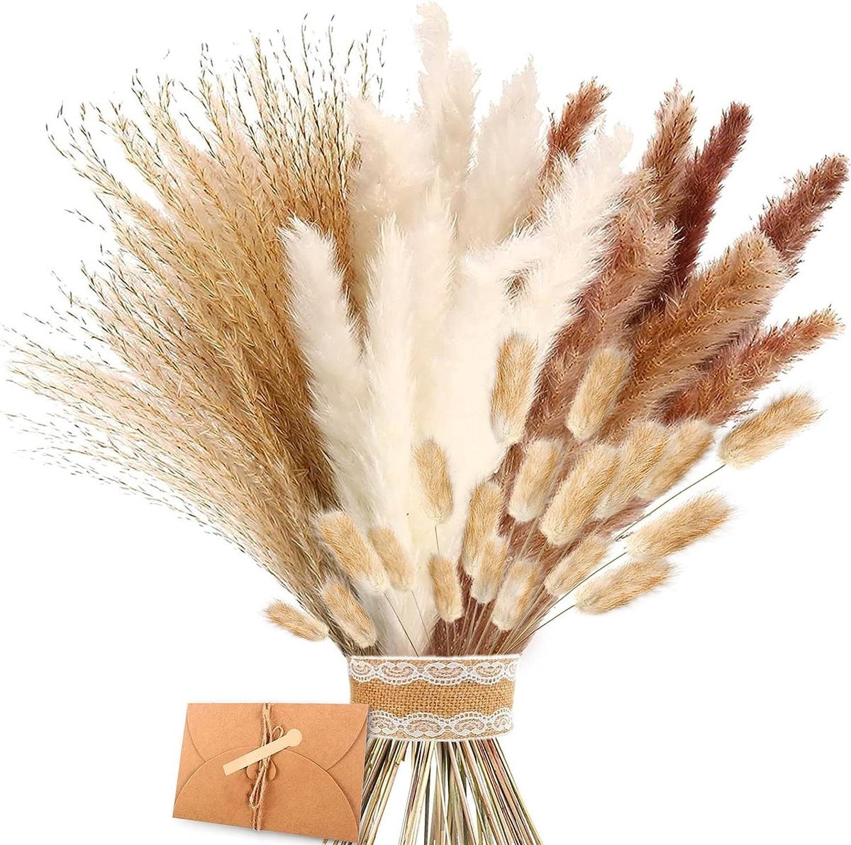 Droogbloemen Pampasgras - Decoratie Boeket - Huis Verfraaien - Natuurlijke Textuur - 86 Stuks - Wit Bruin