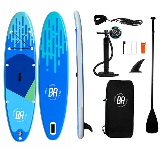 Best Active Horizon XXL SUP Board - Opblaasbaar Paddle Board - Complete Set - Met Pomp / Draagtas / Verstelbare Peddel / Enkelkoord / Reparatiekit - Belastbaarheid Max. 150KG - 335x81x15cm - Blauw/Groen