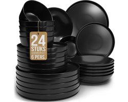 Pure Living Manhattan Serviesset - Mat Zwart - 24-Delig - 6 Persoons - Krasvast Aardewerk -…