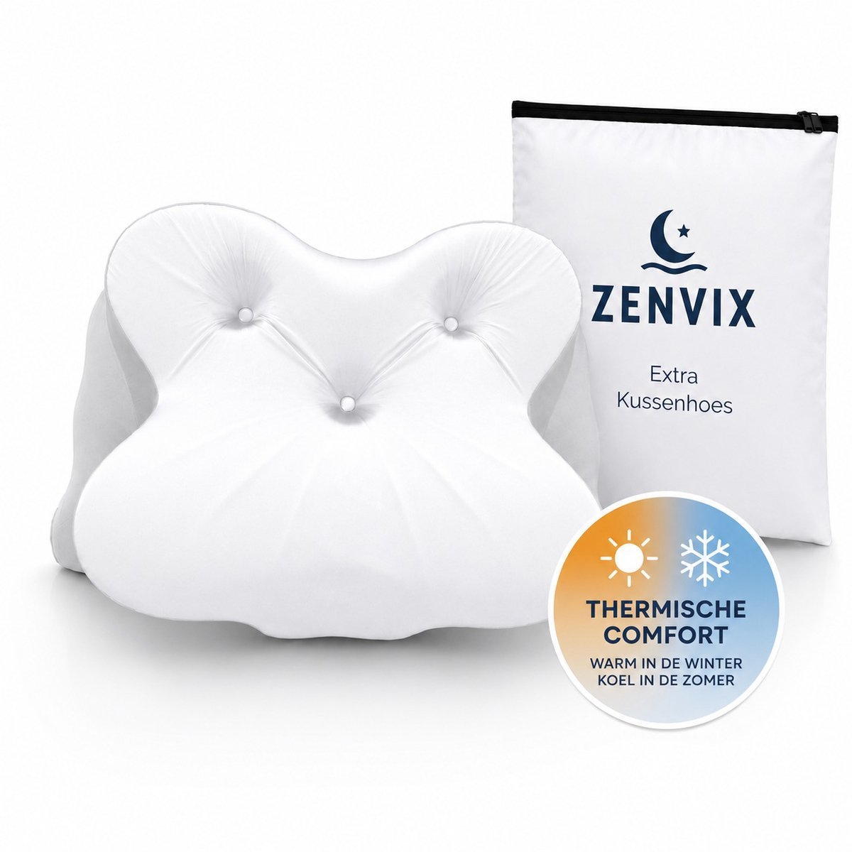 Zenvix® Kussenhoes voor Vlinderkussen – Vervanghoes voor Ergonomisch Hoofdkussen – Thermisch Comfort: Koel in de Zomer, Warm in de Winter – Afneembaar & Wasbaar op 30 °C – Past op Zenvix Vlinderkussen 59x36 cm – Wit
