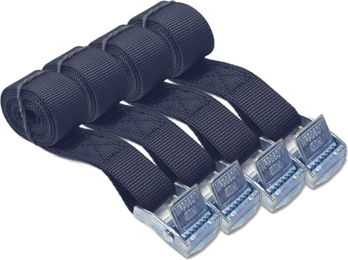 BCF-Products - Spanbanden - 1 meter - 4 stuks - Zwart - Sjorband - Spanbandjes - Spanriem - Bindriem - met Gesp