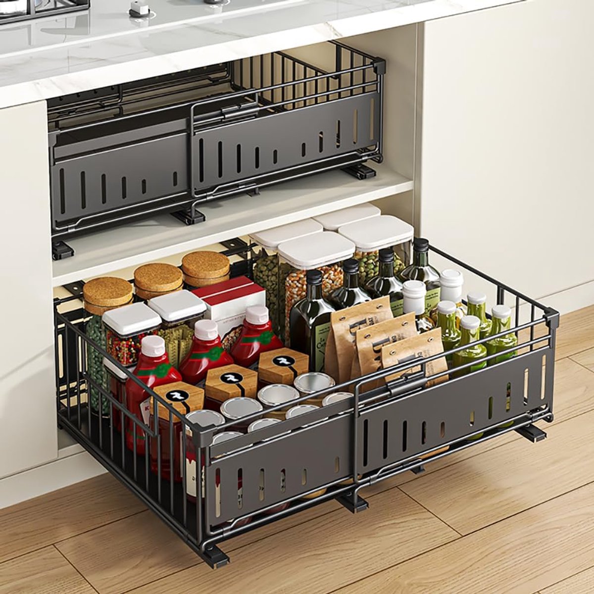 gootsteenkast organizer uitrekbaar - Uittrekbare Keukenorganizer - Zwart - Uitbreidbaar - Geluidsarm - Voor Keuken en Badkamer