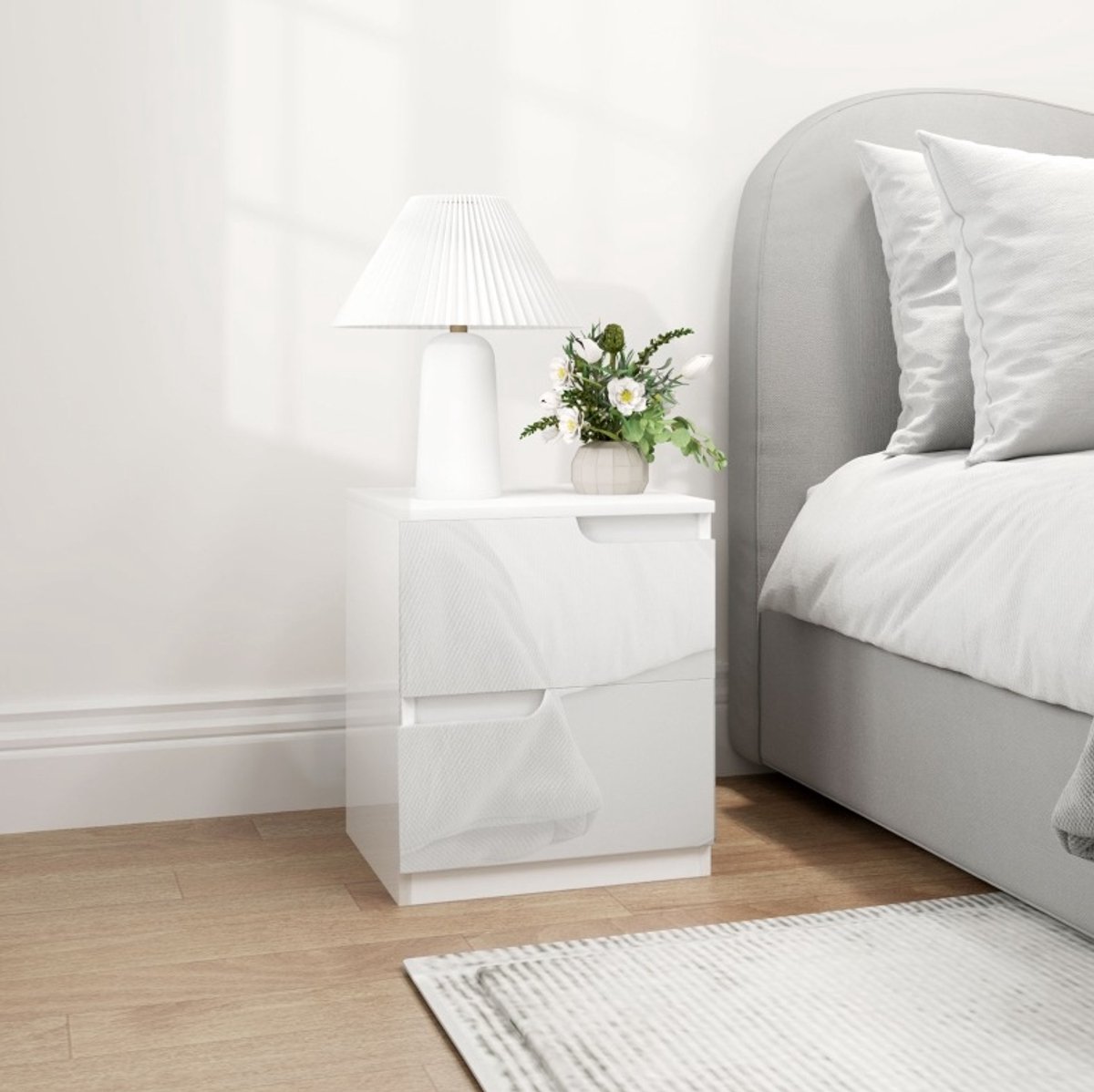 MIVRAY Nachtkastje - Met 2 Greeploze Laden En Hoogglans Fronten - Compact Voor Slaapkamer Of Woonkamer - Wit Spaanplaat - 40x40x48 Cm