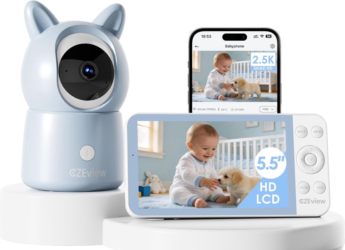 SnelShoppen - CZEview BM6 Babyfoon met Camera 2.5K & 4X Zoom, 5.5” HD WiFi Video Babyfoon met App, Nachtzicht, Temperatuurdetectie, 2-Weg Talk, 360° Z