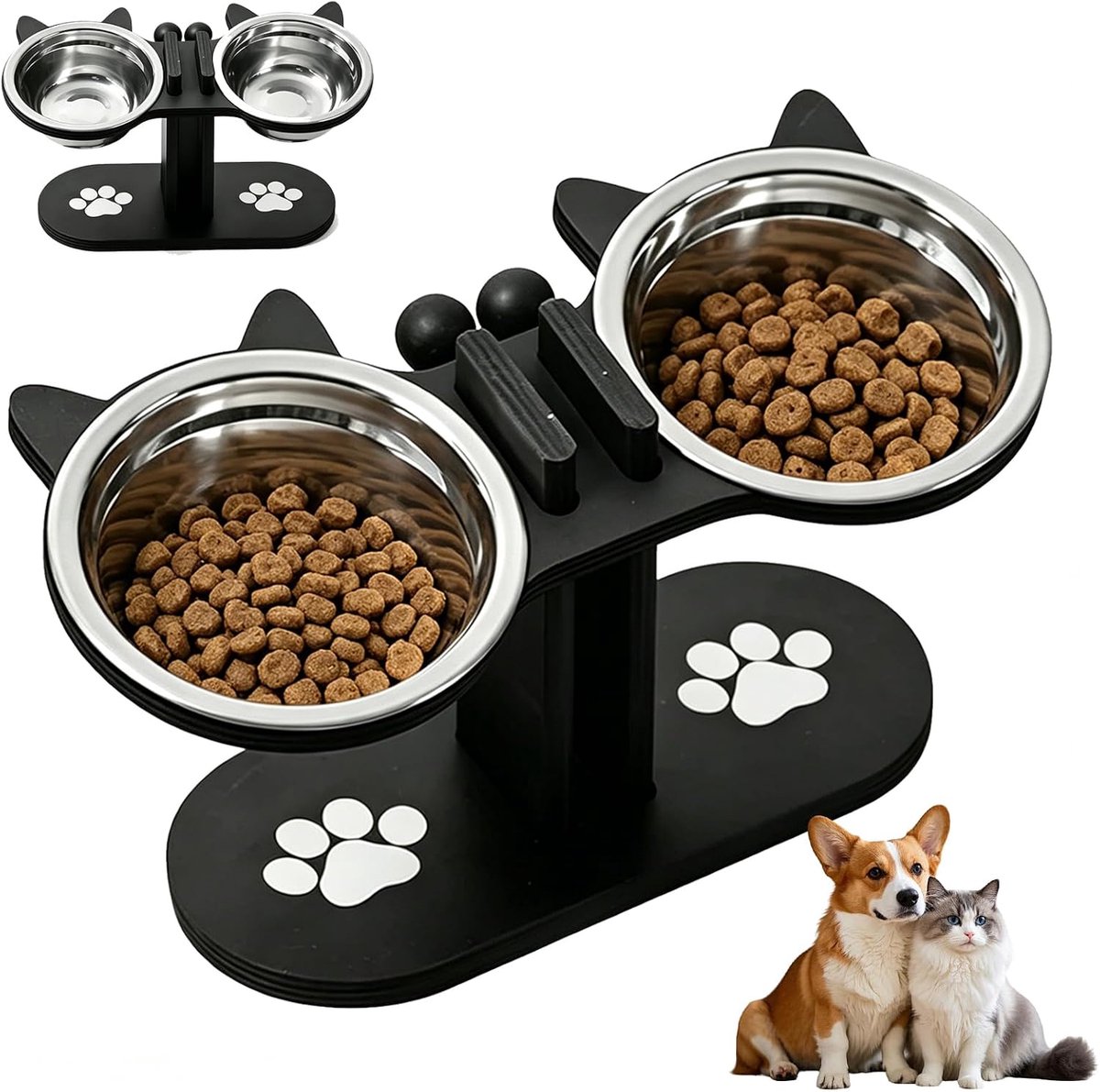 Thijox - Verhoogde Voerbak voor Katten en Honden, 2 x 300 ml, Roestvrij Staal met Bamboehouder, Verstelbare Hoogte, 15° Helling, Zwart en Houtkleur