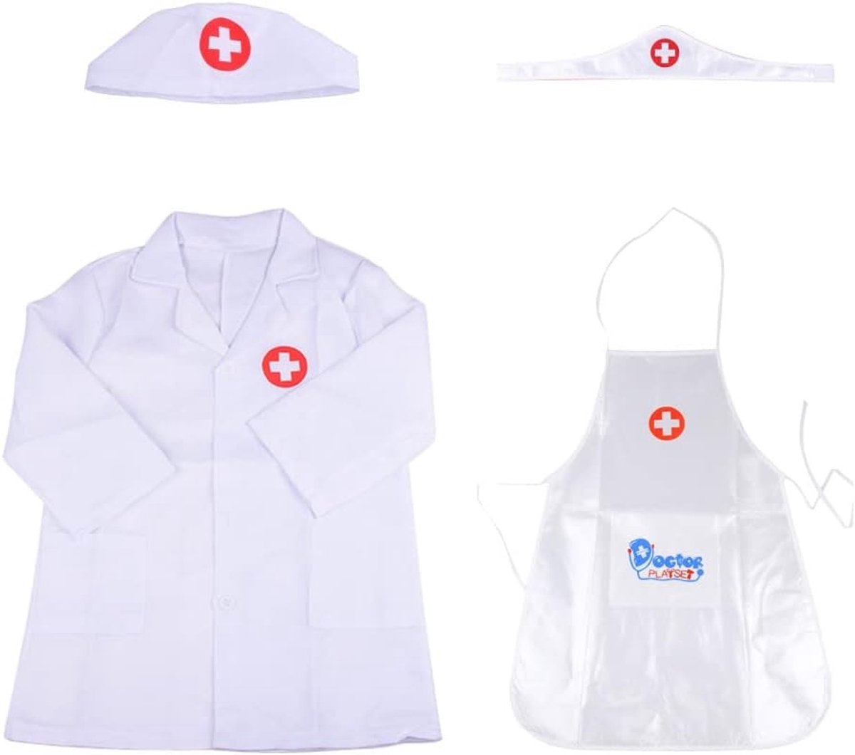 Kinder Dokters Kostuum Set - 4 Delige Set voor Carnaval, Kerst, Halloween, Rollenspel en Cadeau (Laboratoriumjas, Schort, Hoed)