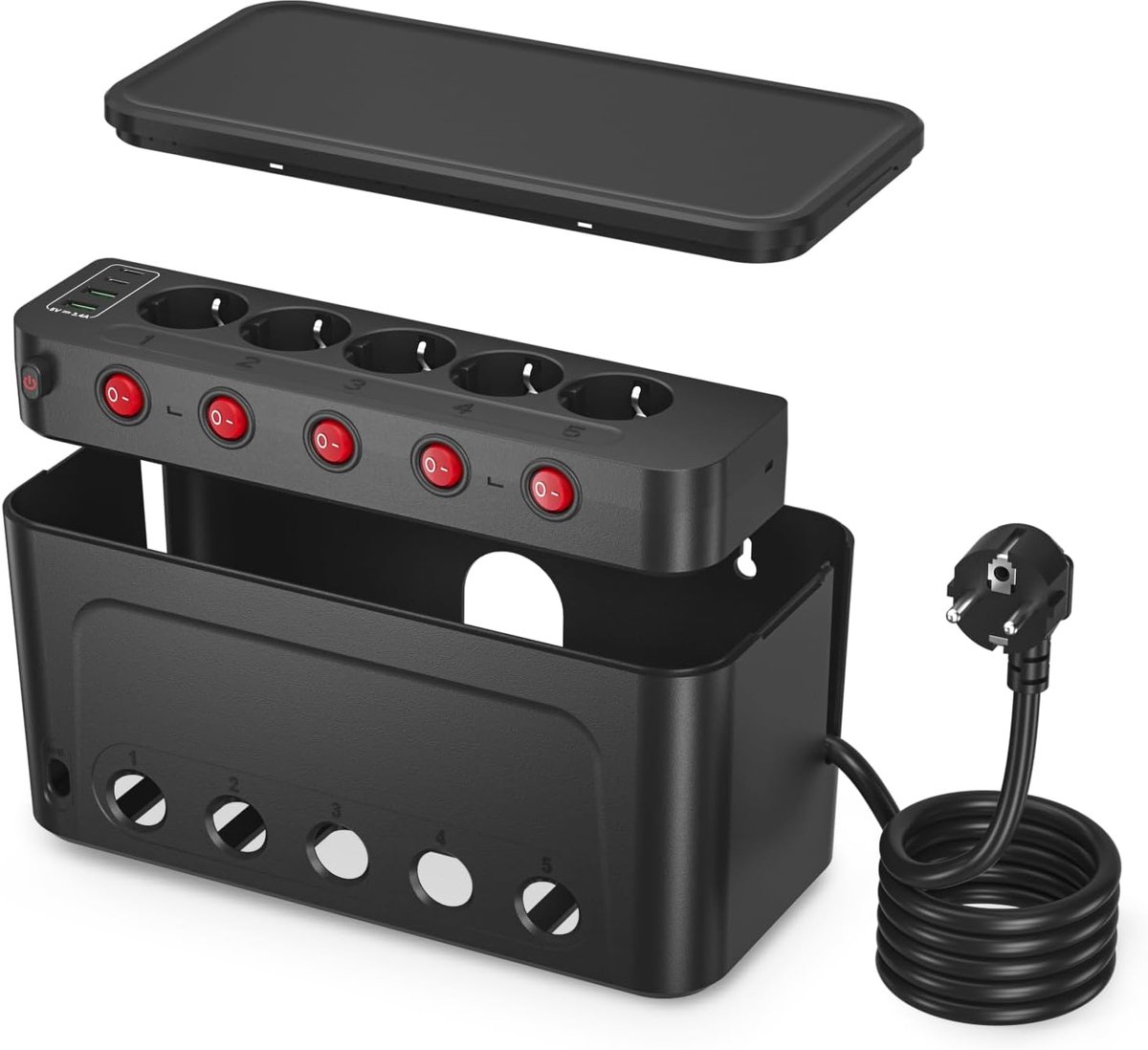 Thijox - Stekkerdoos met Kabelmanagement Box - Kabelopbergdoos met 5-voudige Stopcontact Splitter, Cable Tidy Box, Grote Kabelorganizer in Zwart - Voe