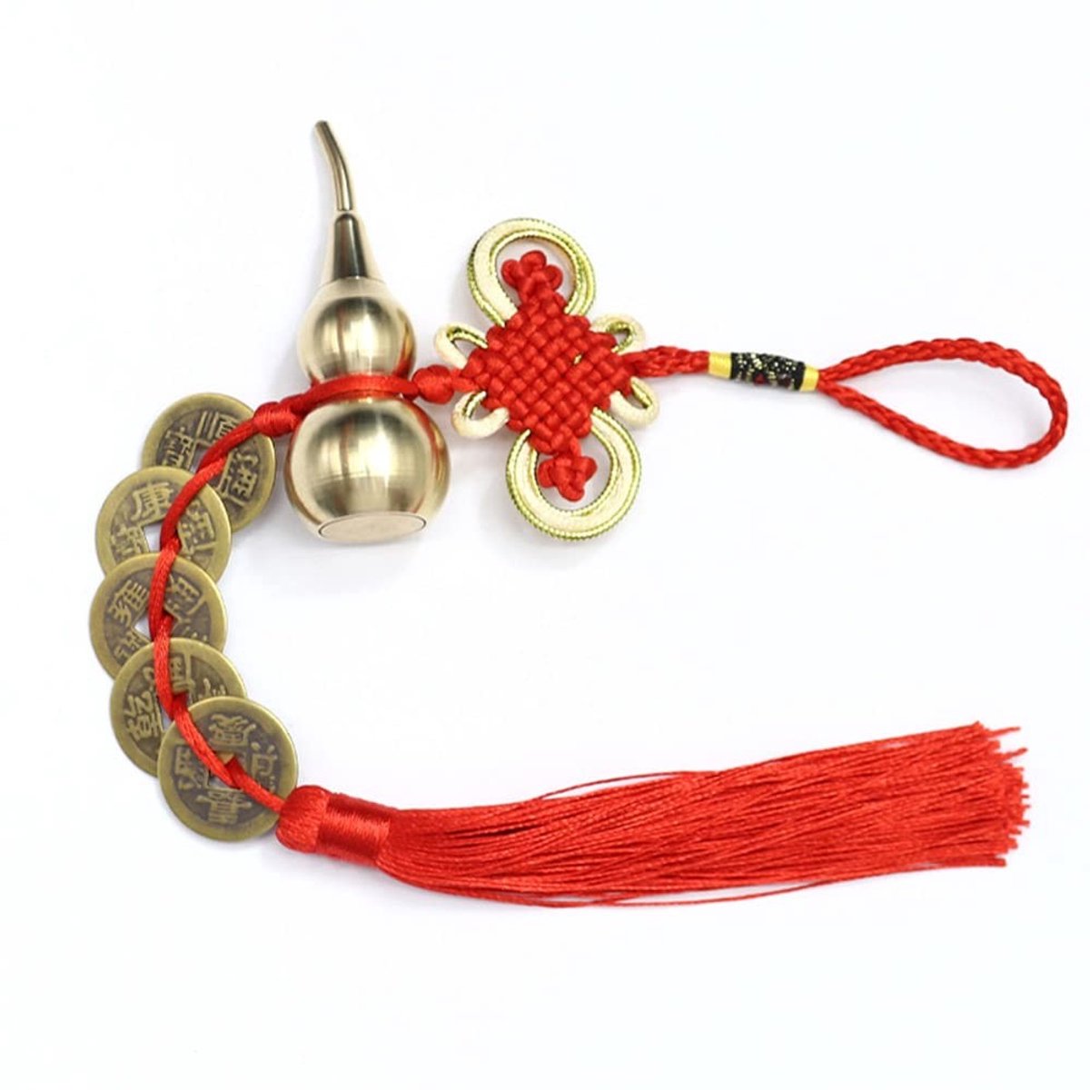Dailygoods- Geluksmunten 2 stuks - Feng Shui Munten - I-Ching Geluksbrenger - Messing Wu Lou - Chinese Knoop - 32 cm lengte - Geluksmunt