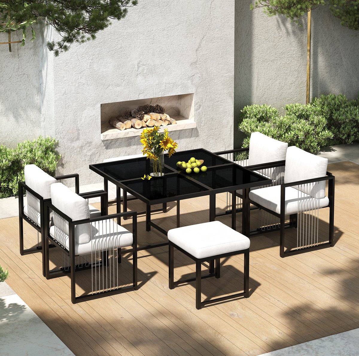 DESMIU Tuinset 7-Delig 117 x 117 cm - Gehard Glazen Tafel Met Kussens - Voor Tuin En Terras - Metaal Zwart Wit
