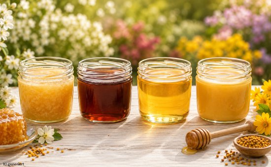 Vier glazen potten met verschillende soorten honing: lichtgeel, donkerbruin, goudgeel en crème.