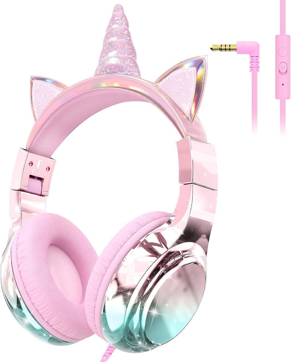 Thijox - Kinderhoofdtelefoon Eenhoorn/Kat, Metallic, 85/94dB Volume Beperkt, Stereogeluid, Opvouwbaar, 3,5 mm Bedraad, Over-Ear, Voor Peuters/Kinderen