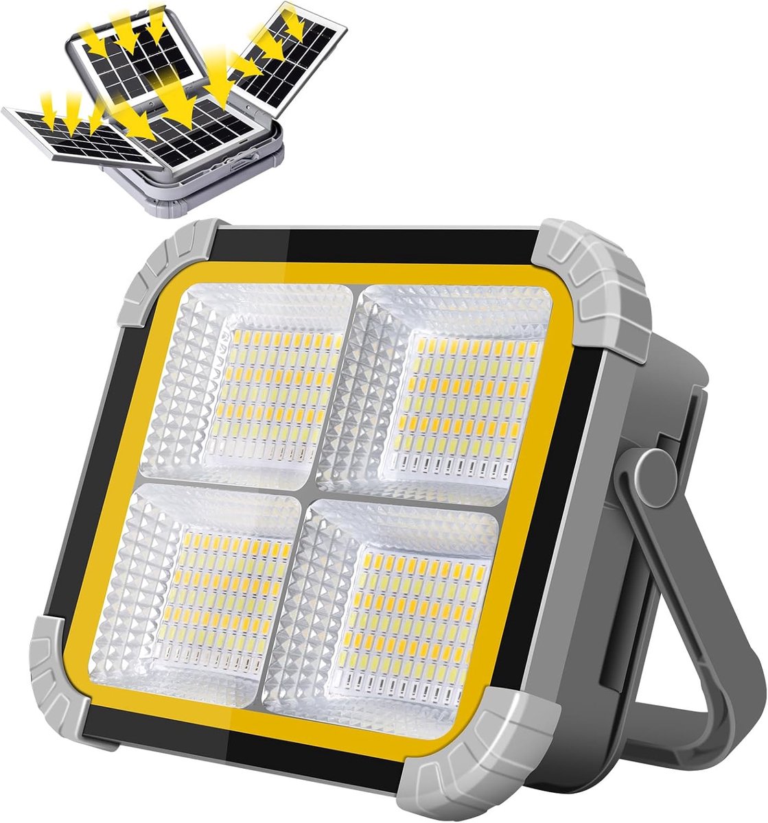 Thijox - Draagbare 150W Bouwlamp met 12000 mAh Accu, 4 Zonnepanelen, 336 LED-Kralen, 4 Modi, IP64, Campinglamp voor Noodgevallen, Garage, Tuin, Feest