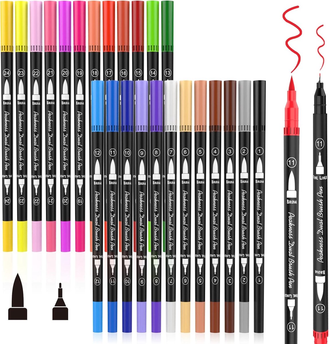SnelShoppen - 24 Kleuren Professionele Lettermarkers, Dubbelzijdige Fineliner en Penseel, Geschikt voor Graffiti, Kalligrafie, Tekenen, Kinderen en Vo