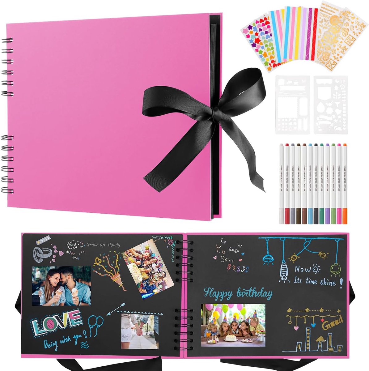 SnelShoppen - Scrapbook Foto Album 80 Zwarte Pagina's, A4 Formaat 38x20 cm, DIY Foto Album voor Baby, Kinderen, Familie, Bruiloft met 12 Metallic Stif