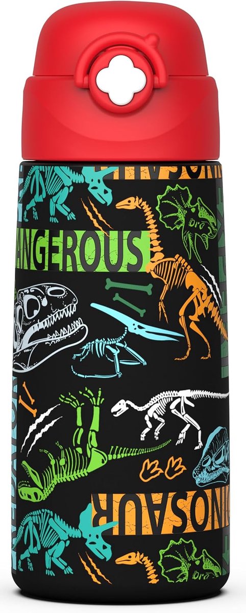Thijox - Kinder Waterfles Met Pop-up Stro, 16 Oz Kindervriendelijk Lekvrij, Roestvrij Staal, Dinosaurus-Design Voor School, Sport, Buitenactiviteiten
