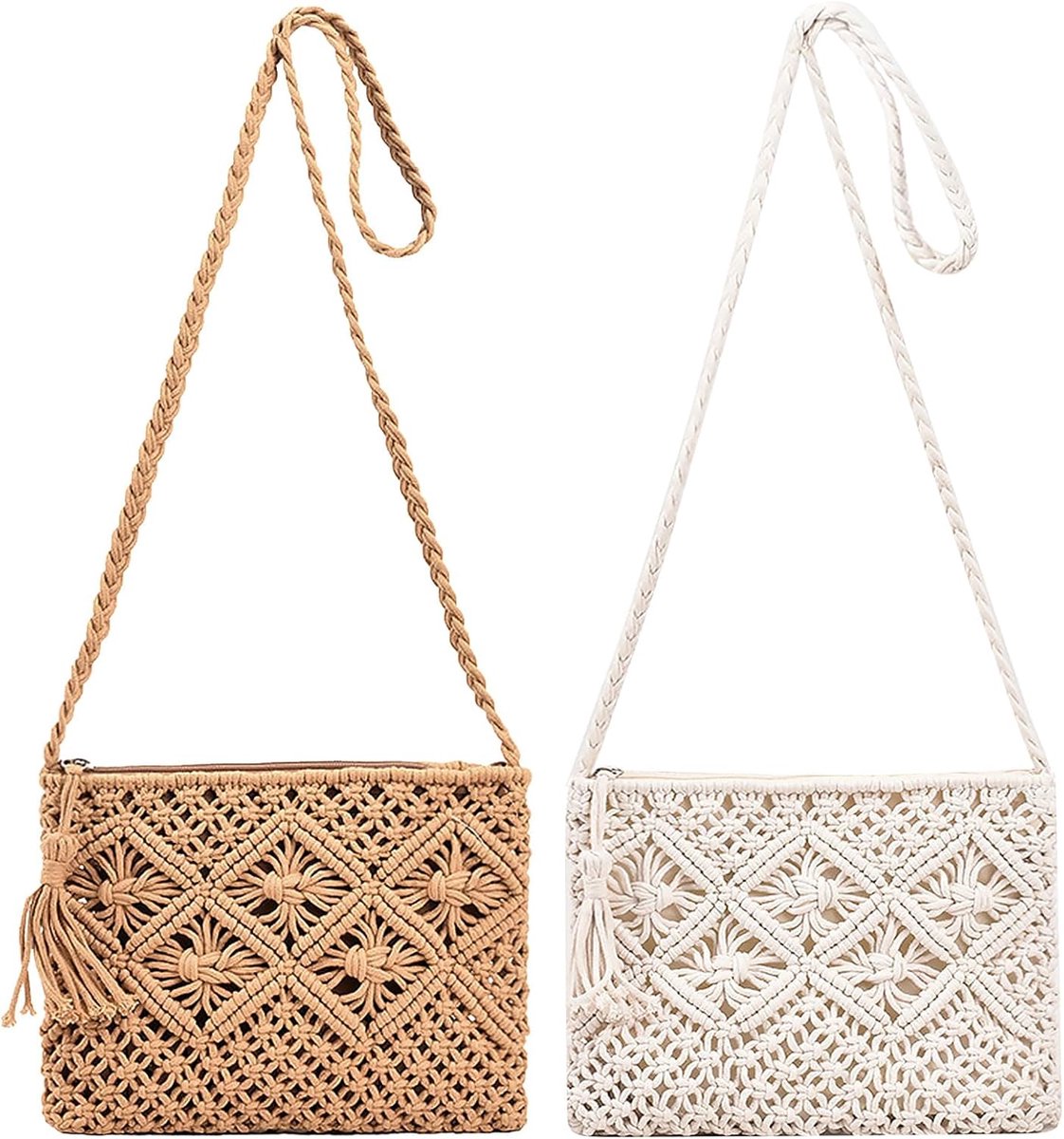 Thijox - 2 Damesmode Schoudertas met Kwastjes - Vintage Stro Strandtas - Kleine Faux Stro Tas Mini - Boho Crossbody Tas voor Zomer Reizen en Vakantie