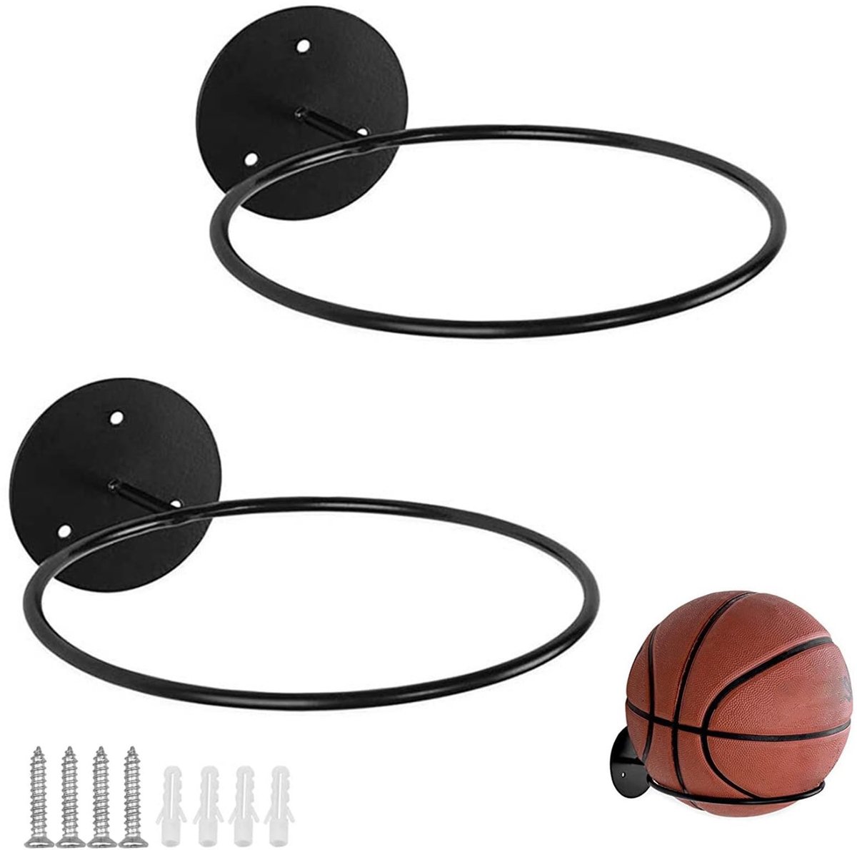 Dailygoods- Balhouder Wandgemonteerd - 2 Stuks - Zwart Metaal - Voetbalstandaard - Displayaccessoires - Sterk en Duurzaam - Balstandaard