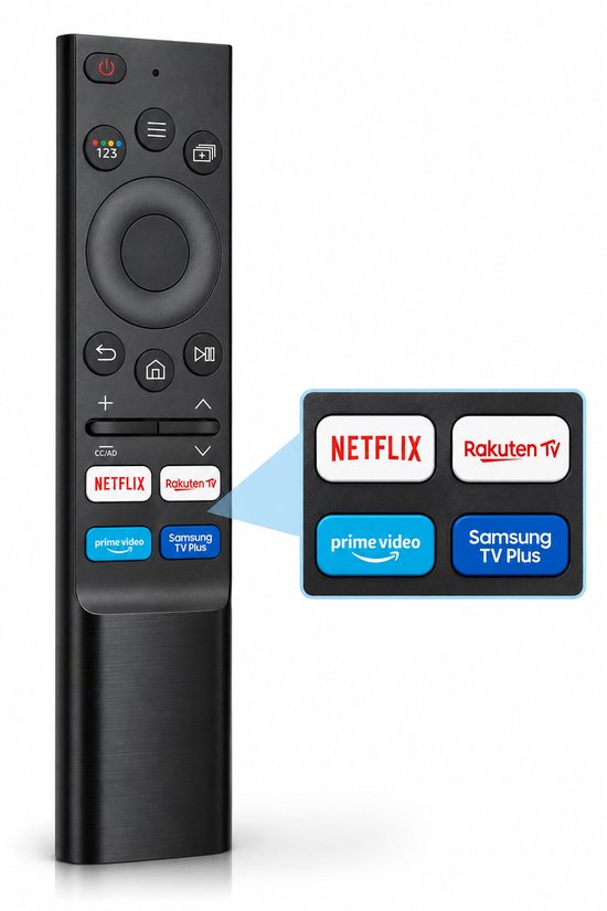 Télécommande Samsung noire avec les quatre services de streaming Netflix, Rakuten TV, Prime Video, Samsung TV Plus mis en évidence.