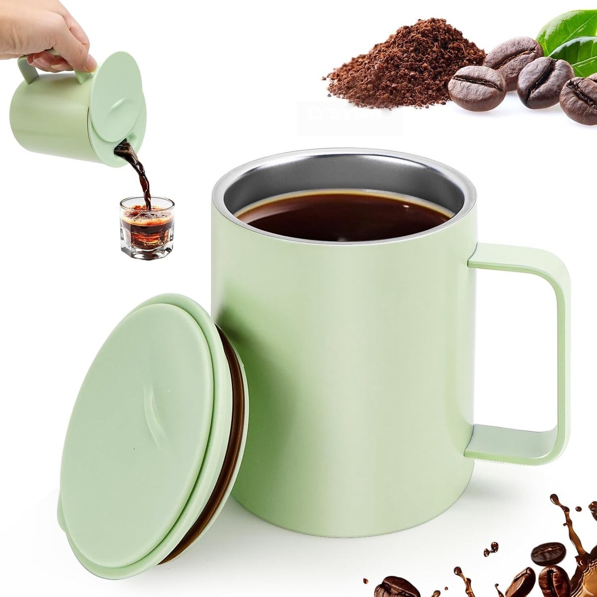 Dubbelwandige Vacuüm Geïsoleerde Koffiemok 400ml - RVS Thermosbeker met Handvat en Deksel voor Koffie en Thee (Groen)